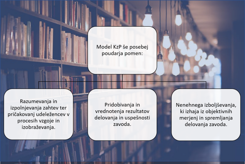 Model KzP še posebej poudarja pomen: razumevanja in izpolnjevanja zahtev ter pričakovanj udeležencev v procesih vzgoje in izobraževanja; pridobivanja in vrednotenja rezultatov delovanja in uspešnosti zavoda; nenehnega izboljševanja, ki izhaja iz objektivnih merjenj in spremljanja delovanja zavoda.